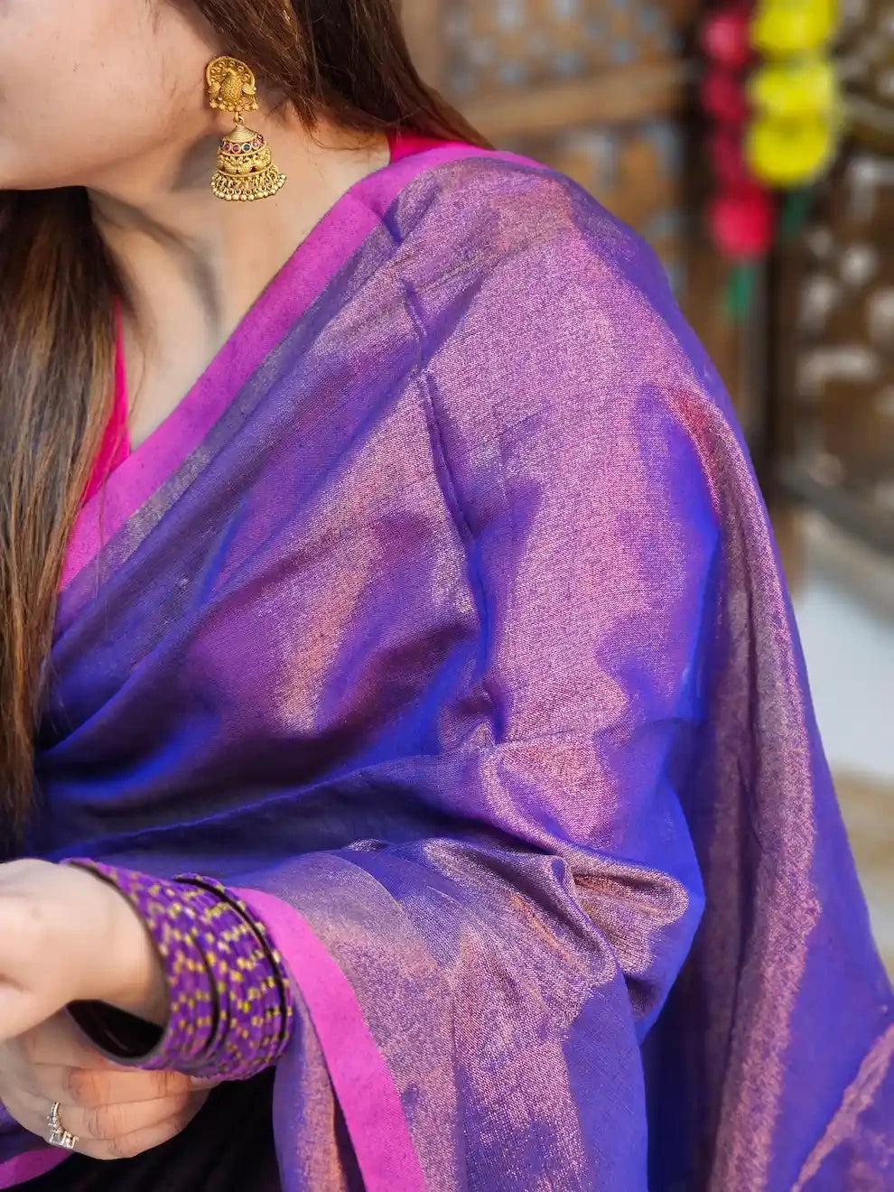 Chandini- Blue, Full Zari Cotton Handwoven Saree With Striped Border | Running Blouse