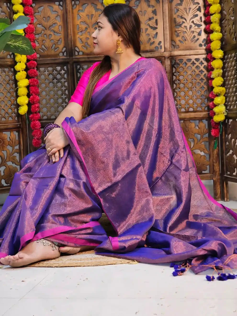 Chandini- Blue, Full Zari Cotton Handwoven Saree With Striped Border | Running Blouse