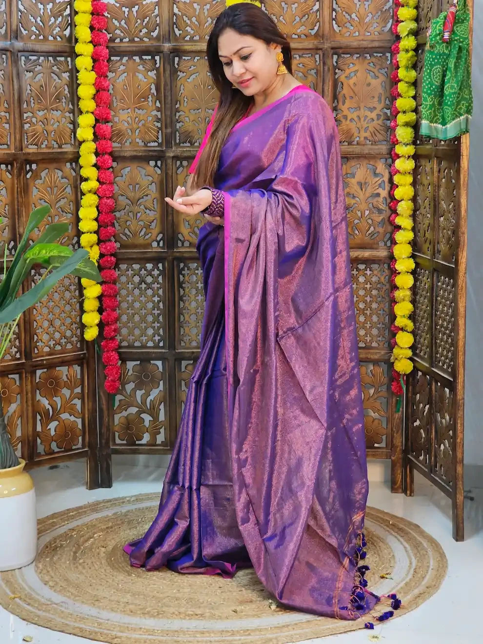 Chandini- Blue, Full Zari Cotton Handwoven Saree With Striped Border | Running Blouse