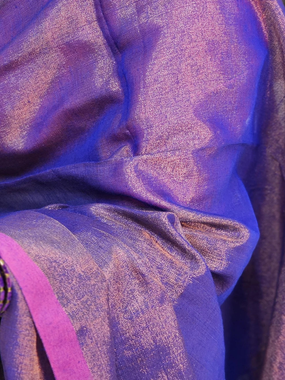 Chandini- Blue, Full Zari Cotton Handwoven Saree With Striped Border | Running Blouse