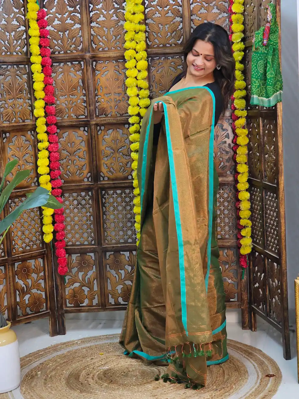 Chandini- Green, Full Zari Cotton Saree With Blue Green Striped Border | Running Blouse
