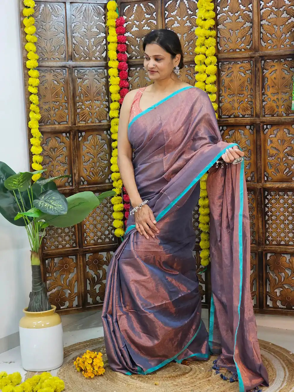 Chandini- Parrot Pink , Full Zari Cotton Saree With Green Blue Striped Border | Running Blouse