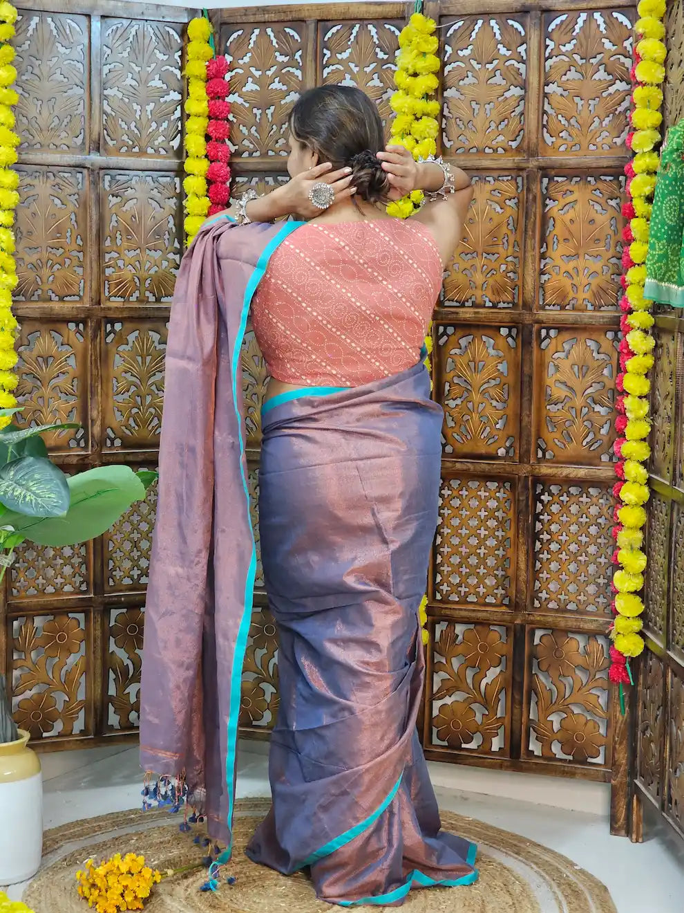 Chandini- Parrot Pink , Full Zari Cotton Saree With Green Blue Striped Border | Running Blouse