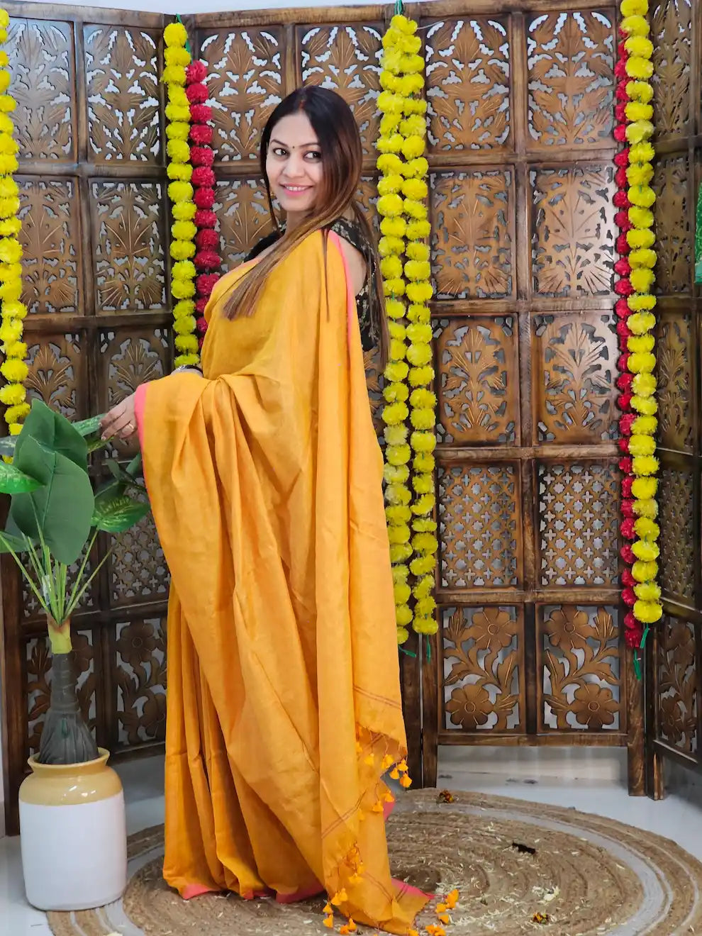 Chandini- Yellow, Full Zari Cotton Handwoven Saree With Pink Striped Border | Running Blouse