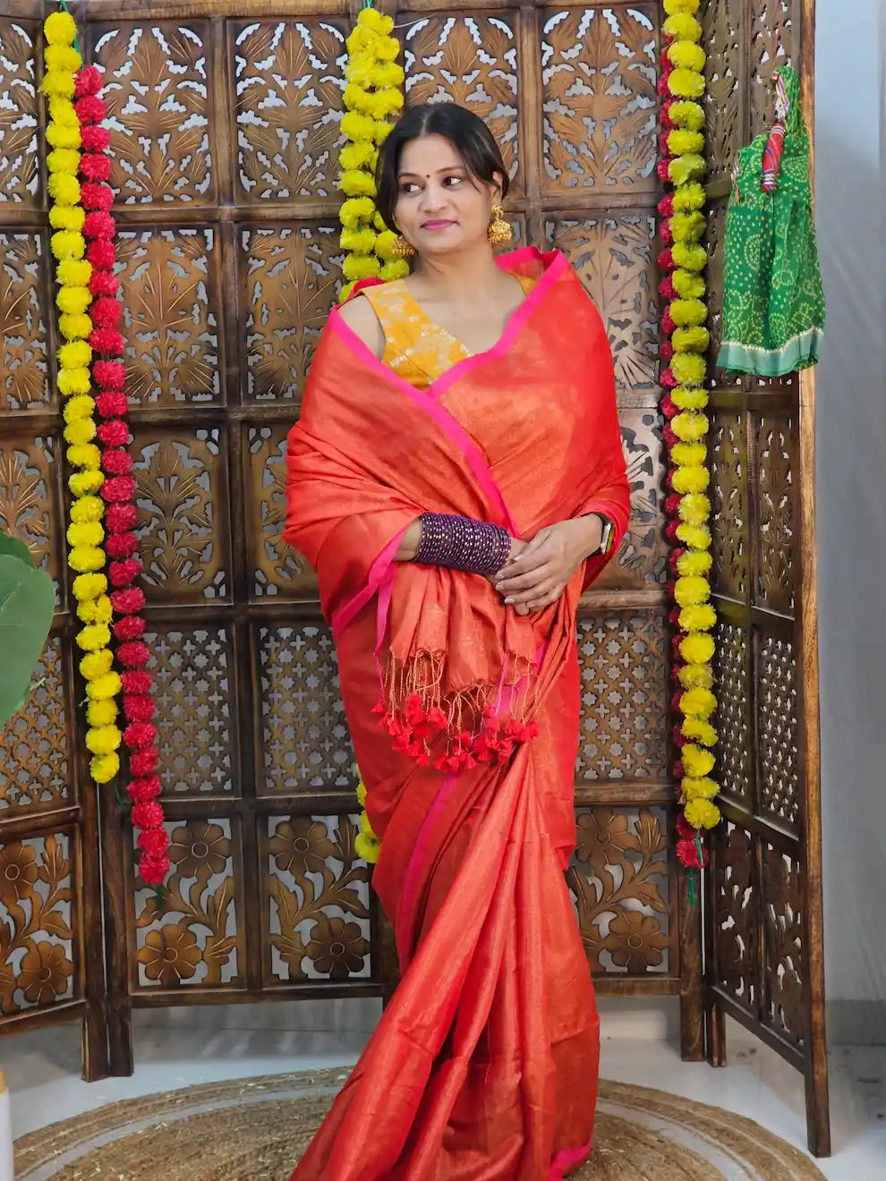 Chandini- Red , Full Zari Cotton Saree With Pink Striped Border | Running Blouse