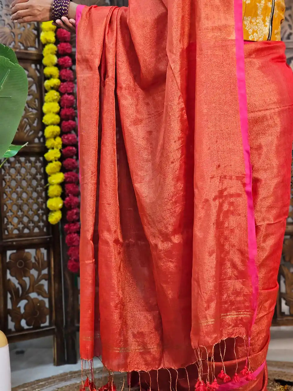 Chandini- Red , Full Zari Cotton Saree With Pink Striped Border | Running Blouse