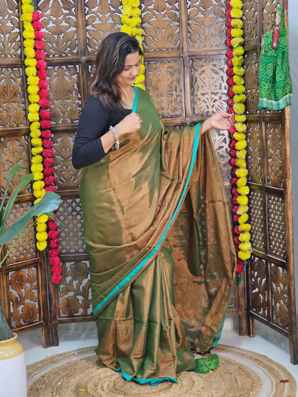 Chandini- Green, Full Zari Cotton Saree With Blue Green Striped Border | Running Blouse